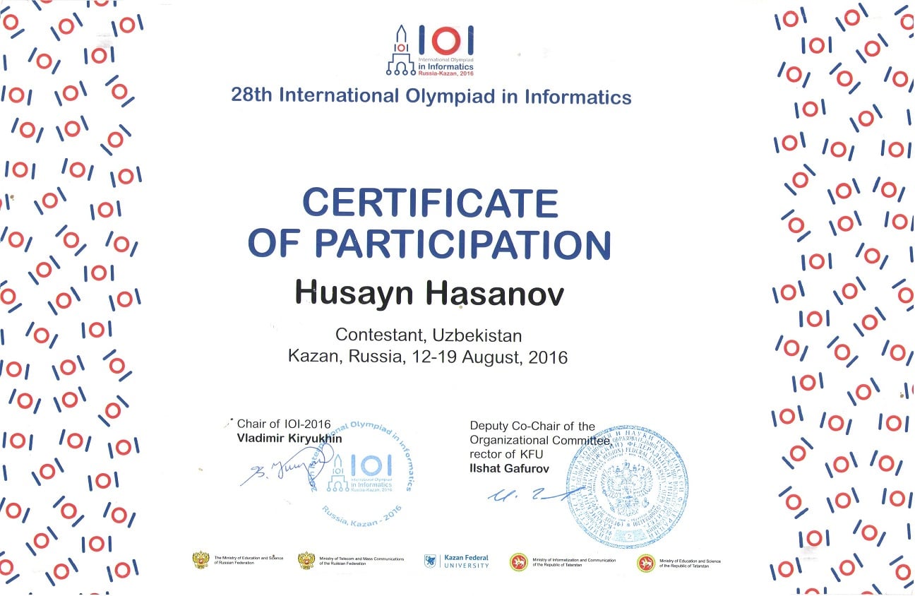 IOI 2016 — Certificate of Participation