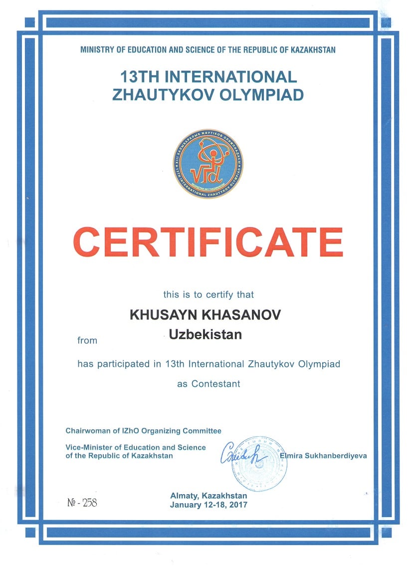 IZHO 2017 — Certificate of Participation